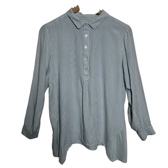 J.Jill Womens Blue White Stripe Roll Tab Sleeve Blouse Sz Large Coastal Preppy - Picture 7 of 12